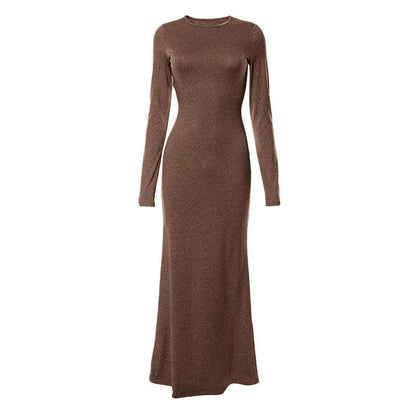 Crew Neck Long Sleeve Heather Knit Bodycon Maxi Dress