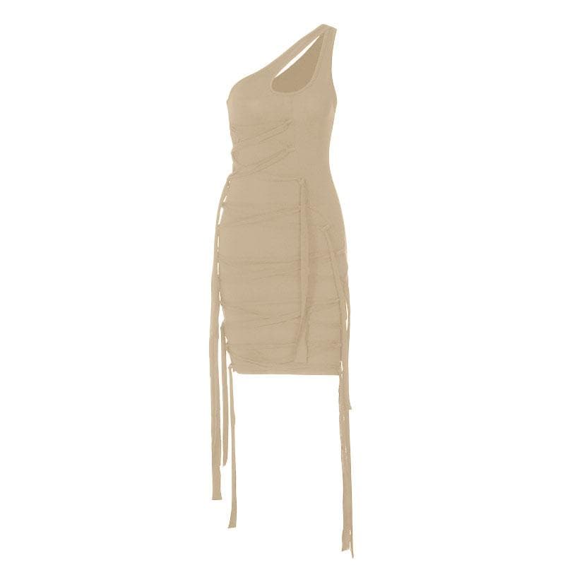 One Shoulder Bandage Lace Up Ribbon Strap Tassel Hem Mini Dress