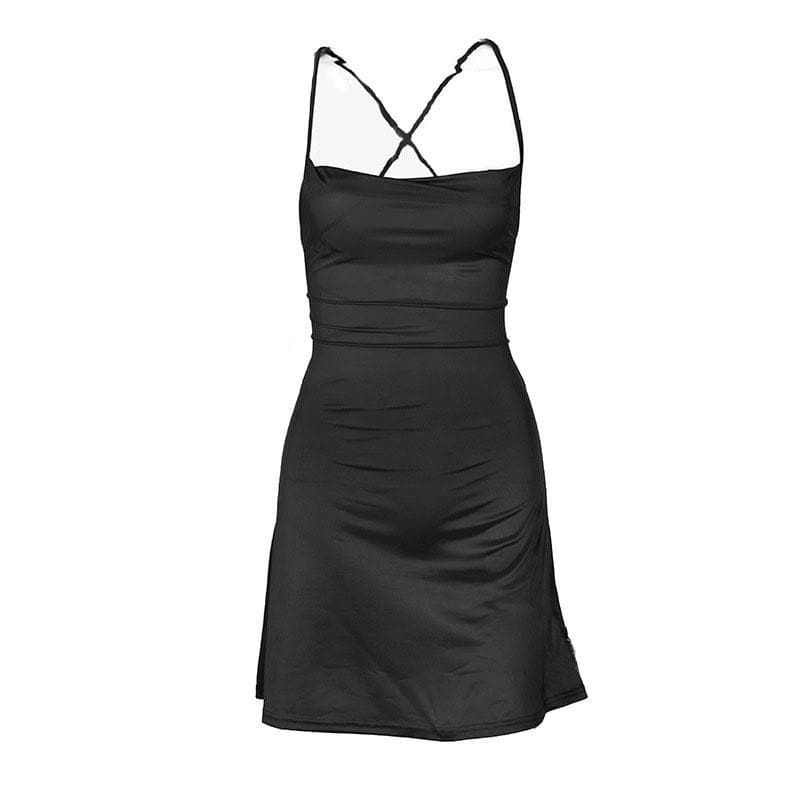 Satin Cowl Neck Cross Back Ruched Waist Bodycon Mini Dress