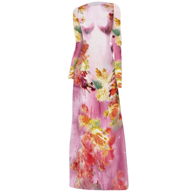 Crew Neck Trompe L Oeil Anatomical Torso Abstract Floral Maxi Dress