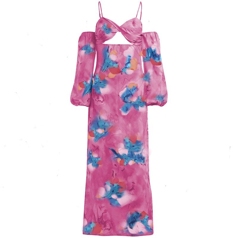 Spaghetti Strap Twist Knot Midriff Cutout Floral Print Puff Sleeve Maxi Dress
