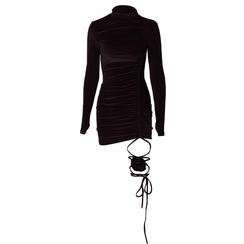 Mock Neck Velvet Ruched Side Flower Applique Cord Trim Mini Dress