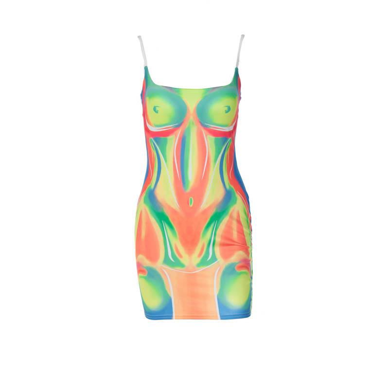 Square Neck Contour Print Spaghetti Strap Mini Dress