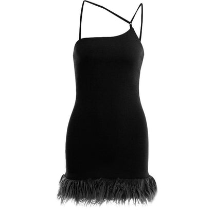 Asymmetric Neck Spaghetti Strap Feather Trim Bodycon Mini Dress