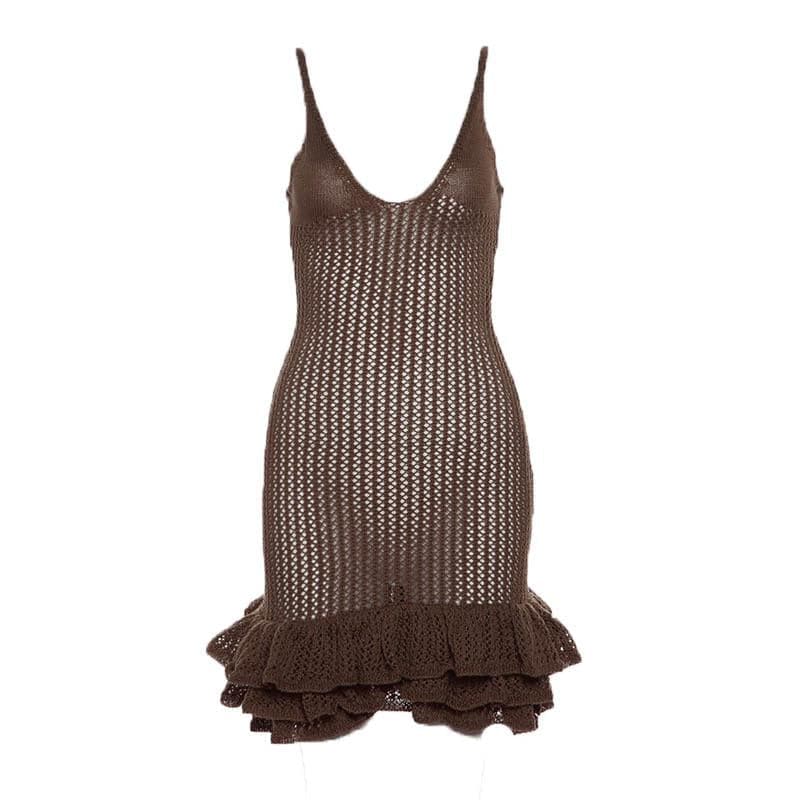 Spaghetti Strap V-Neck Crochet Pointelle Ruffle Lettuce Hem Mini Dress