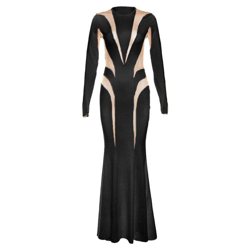 Mock Neck Long Sleeve Mesh Panel Patchwork Bodycon Maxi Dress