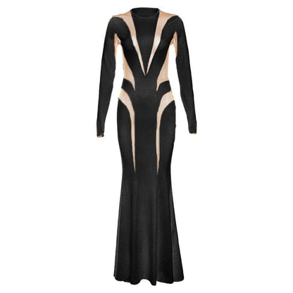 Mock Neck Long Sleeve Mesh Panel Patchwork Bodycon Maxi Dress