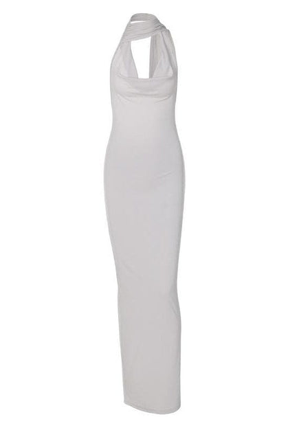 Halter Choker Cowl Neck Rib Knit Backless Bodycon Maxi Dress