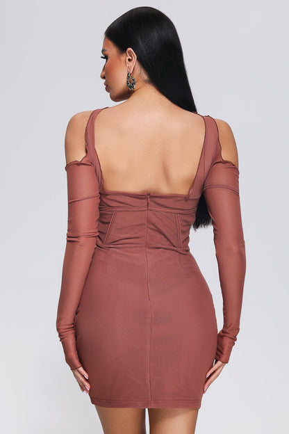 Hook And Eye Corset Cup Off Shoulder Mesh Long Sleeve Mini Dress