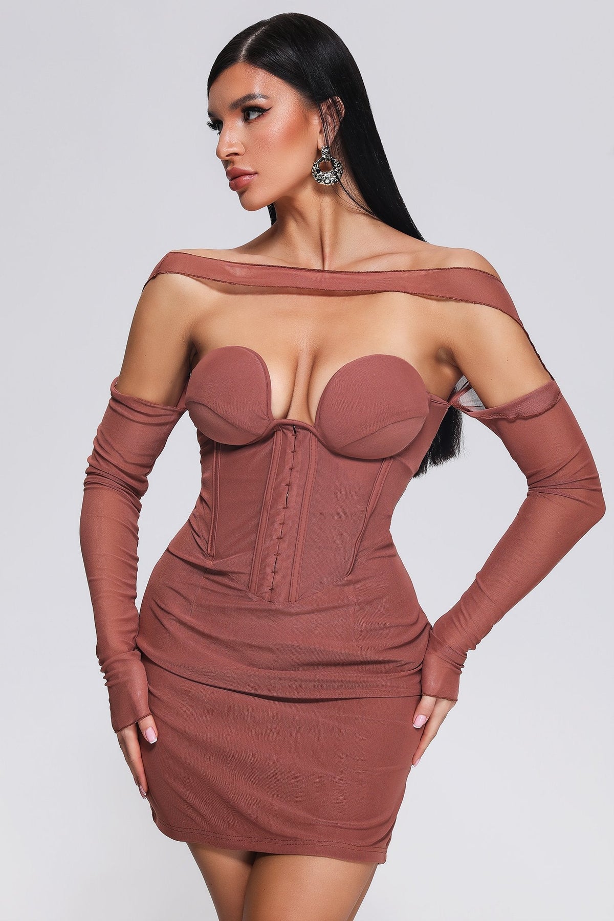Hook And Eye Corset Cup Off Shoulder Mesh Long Sleeve Mini Dress