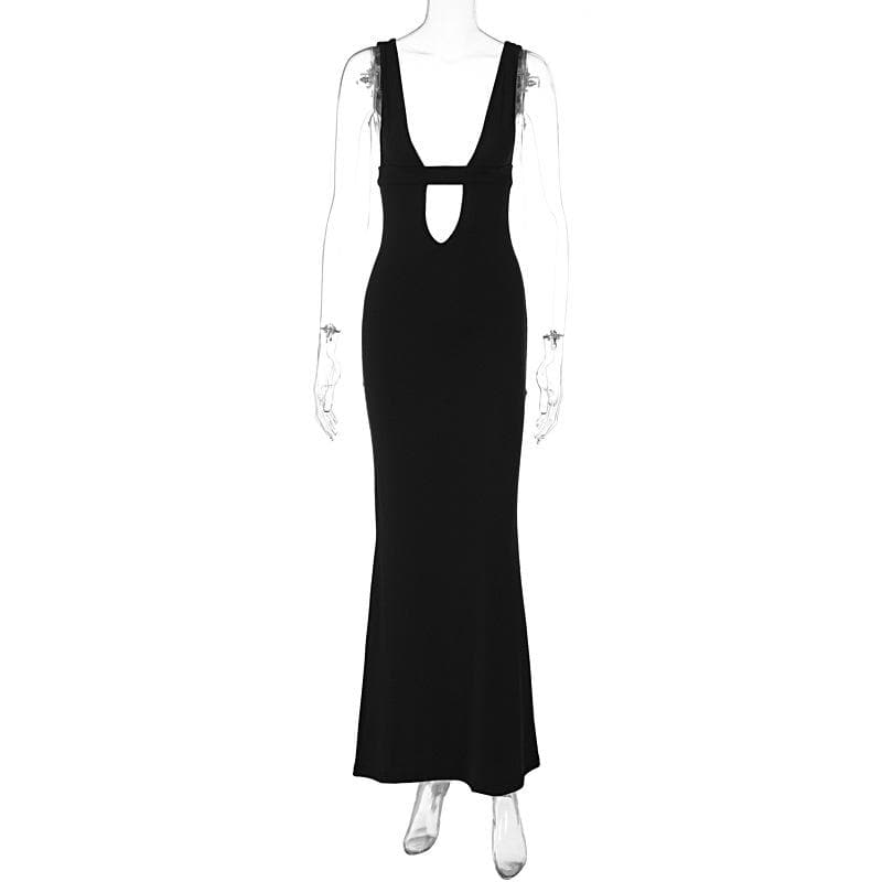 Wide Strap Deep Plunge Oval Cutout Bodycon Column Maxi Dress