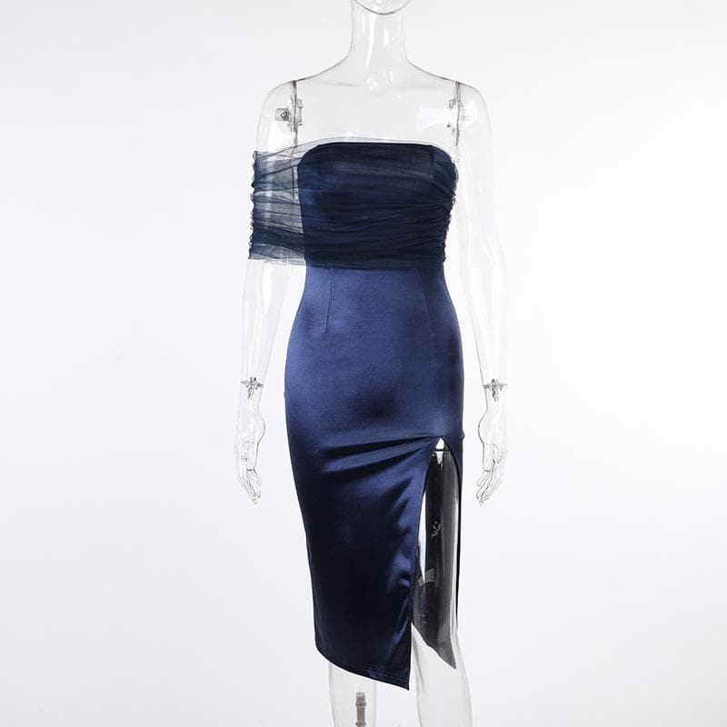 Strapless Mesh Overlay Ruched Side Panel Slit Midi Dress