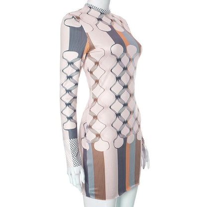 Mock Neck Long Sleeve Geometric Print Bodycon Mini Dress