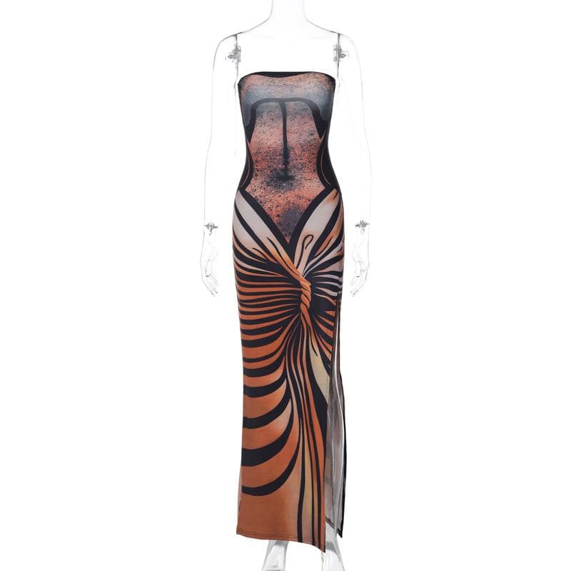 Strapless Abstract Print Lace-Up Back Slit Maxi Dress