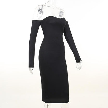 Ribbed Knit Off Shoulder Tube Thumbhole Sleeve Bodycon Maxi Dress