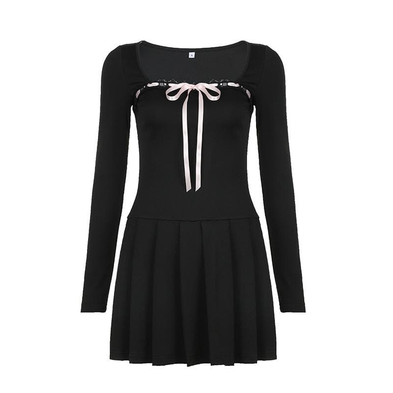 Square Neck Lace Trim Ribbon Bow Pleated Skirt Long Sleeve Mini Dress