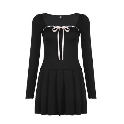 Square Neck Lace Trim Ribbon Bow Pleated Skirt Long Sleeve Mini Dress