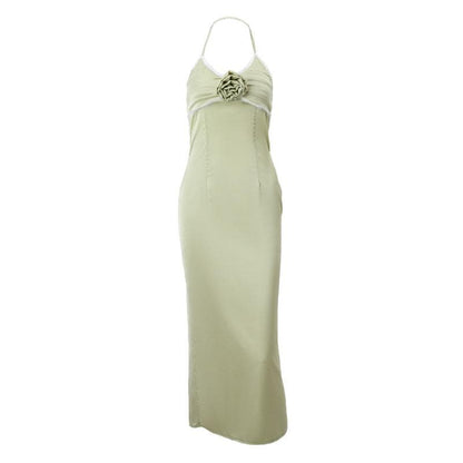 Halter Neck Applique Lace Trim Ruched Satin Column Maxi Dress