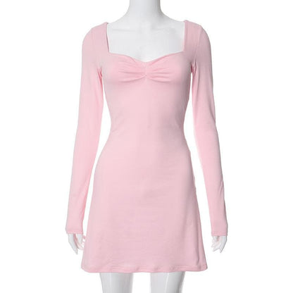 Square Neck Ruched Bust Long Sleeve Bodycon Mini Dress