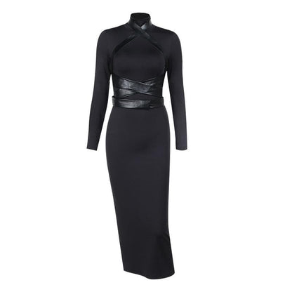 High Neck Faux Leather Harness Strap Bodycon Midi Dress
