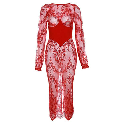 Floral Lace Crew Neck Long Sleeve Sheer Overlay Maxi Dress