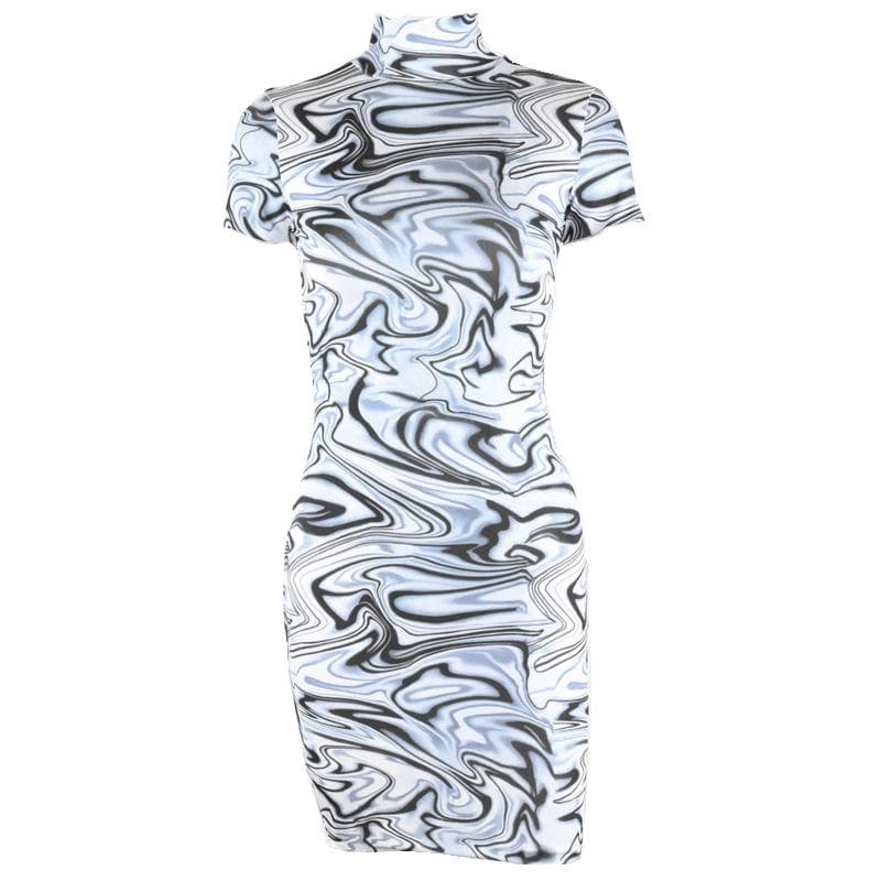 Mock Neck Short Sleeve Marble Print Bodycon Mini Dress