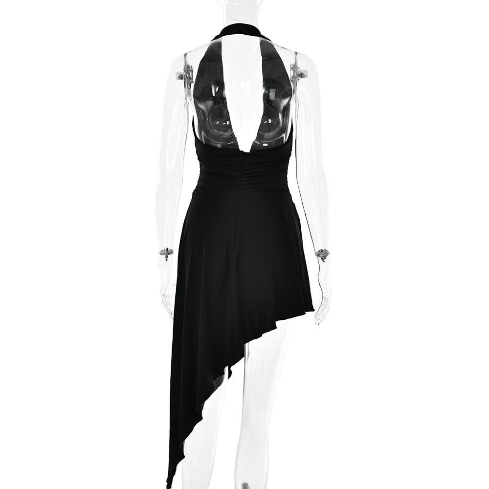 Halter O-Ring Plunge V-Neck Ring Waist Asymmetric Hem Midi Dress