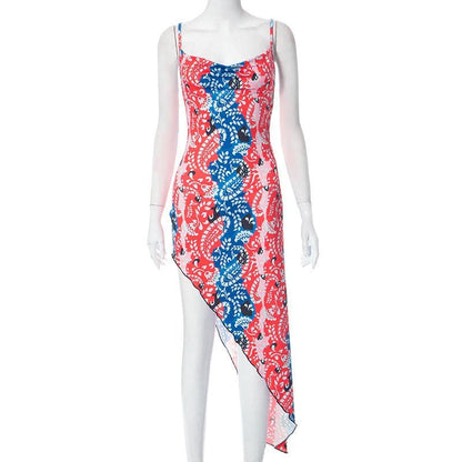 Paisley Print Cowl Neck Spaghetti Strap Thigh Slit Bodycon Midi Dress