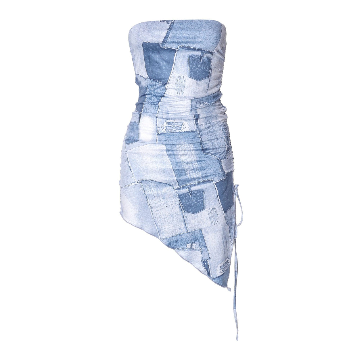 Strapless Denim Patchwork Ruched Drawstring Asymmetric Hem Mini Dress