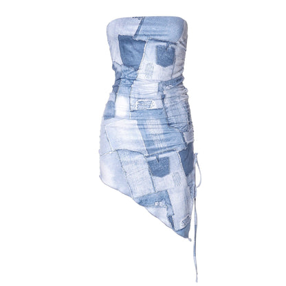 Strapless Denim Patchwork Ruched Drawstring Asymmetric Hem Mini Dress
