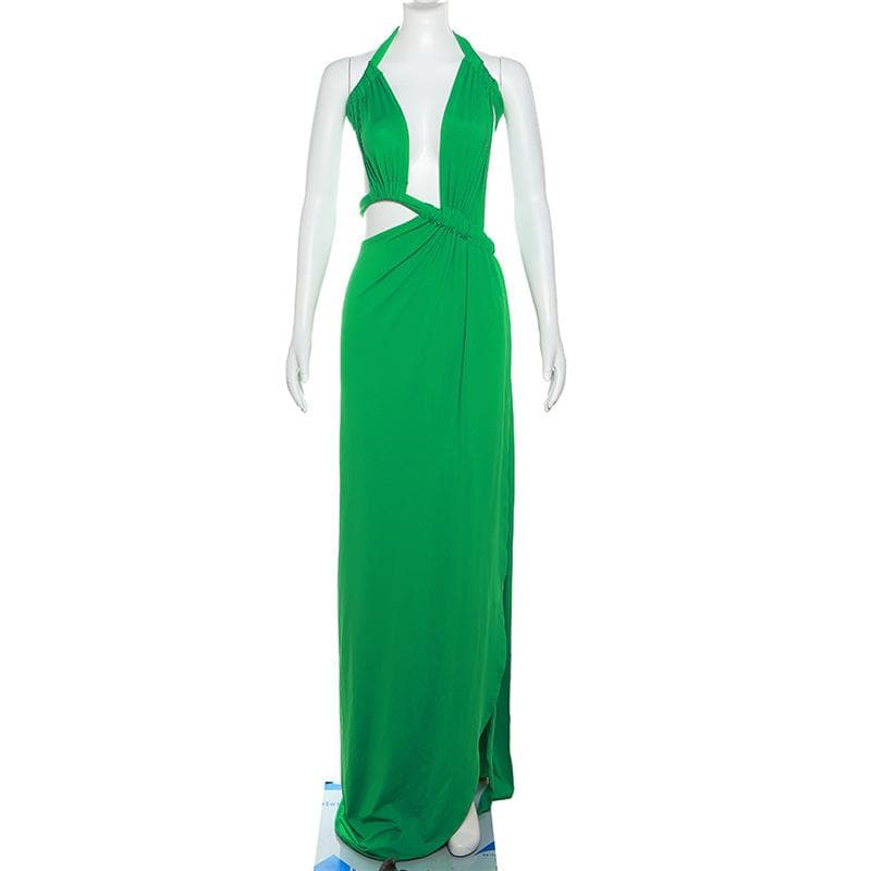 Halter Multi Cutout Ruched Side Slit Bodycon Maxi Dress