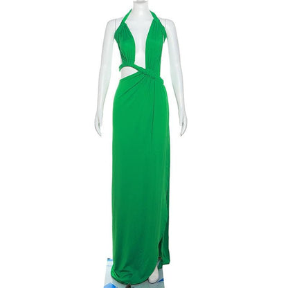 Halter Multi Cutout Ruched Side Slit Bodycon Maxi Dress
