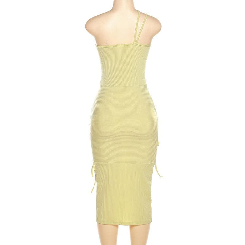 Ribbed One Shoulder Cutout Self Tie Bow Detail Midi Dress