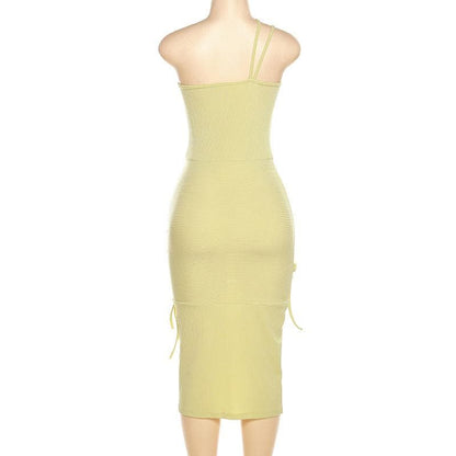 Ribbed One Shoulder Cutout Self Tie Bow Detail Midi Dress