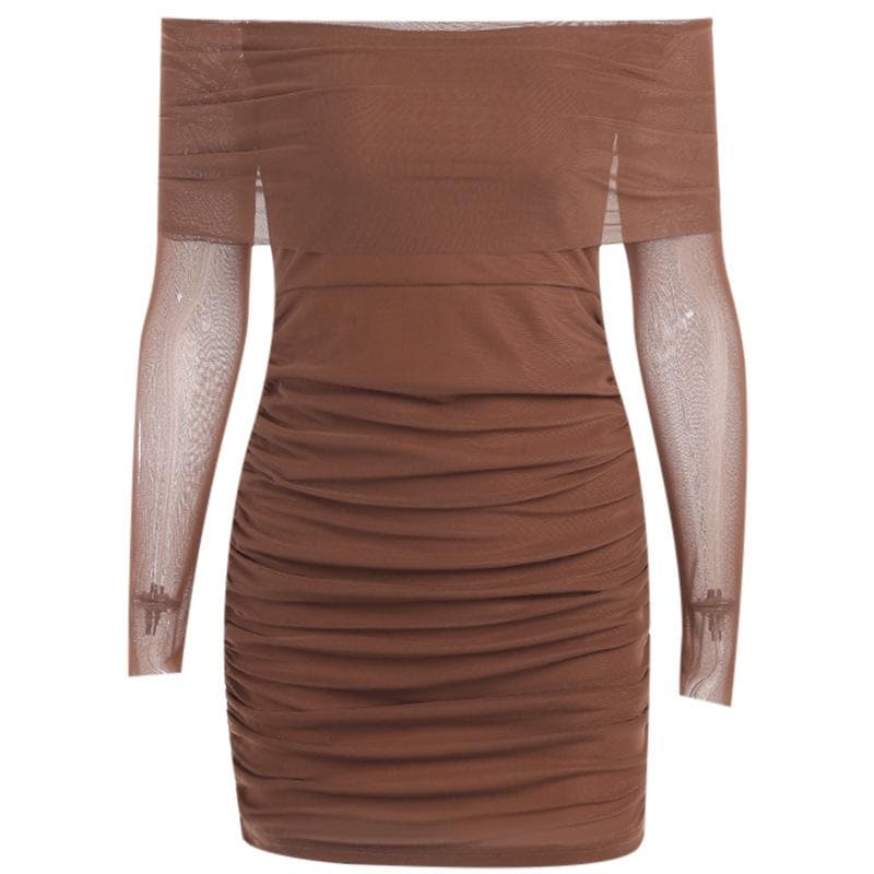 Off-Shoulder Sheer Mesh Long Sleeve Horizontal Ruched Bodycon Mini Dress