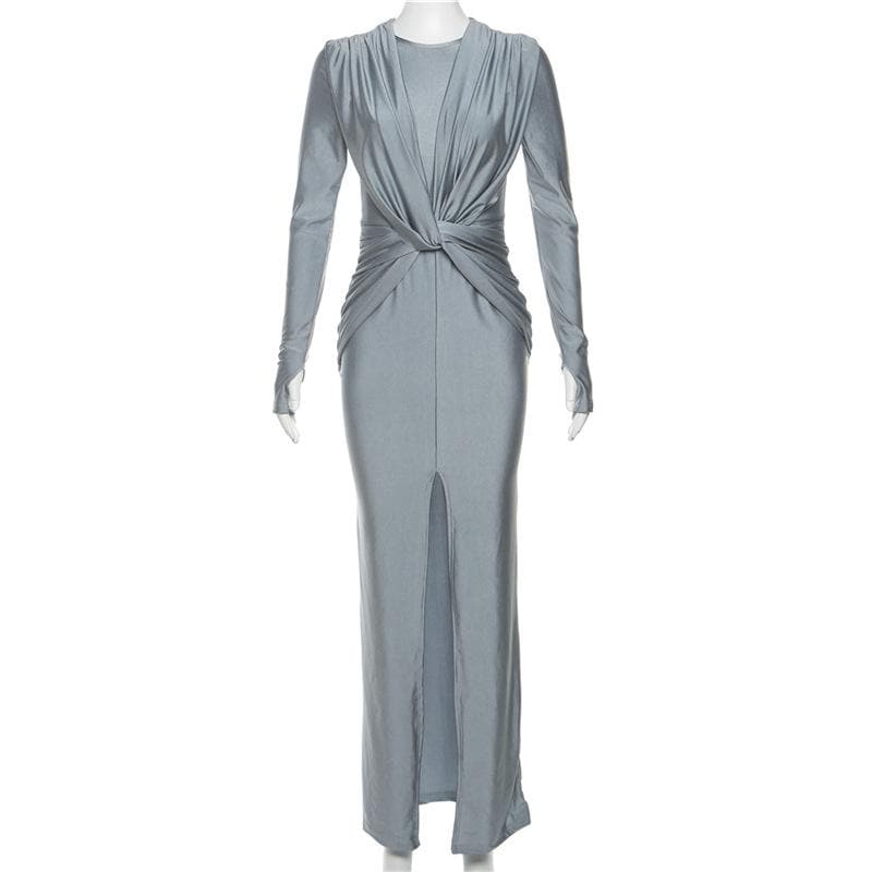 Deep V Twist Front Long Sleeve Ruched Metallic Side Slit Maxi Dress