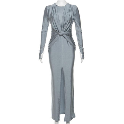 Deep V Twist Front Long Sleeve Ruched Metallic Side Slit Maxi Dress
