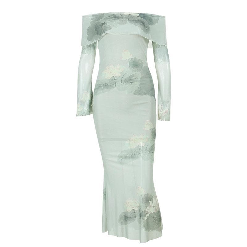 Off Shoulder Long Sleeve Lotus Print Bell Cuff Mermaid Maxi Dress