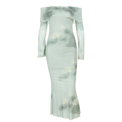 Off Shoulder Long Sleeve Lotus Print Bell Cuff Mermaid Maxi Dress