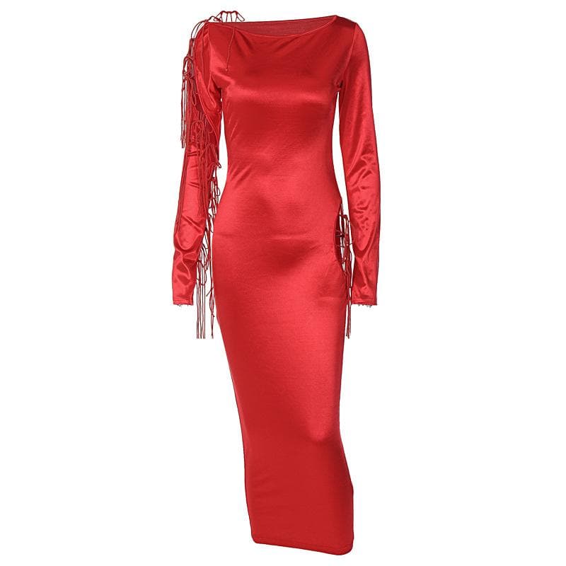 Boat Neck Long Sleeve Lace Up Cutout Tassel Satin Maxi Dress