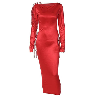 Boat Neck Long Sleeve Lace Up Cutout Tassel Satin Maxi Dress
