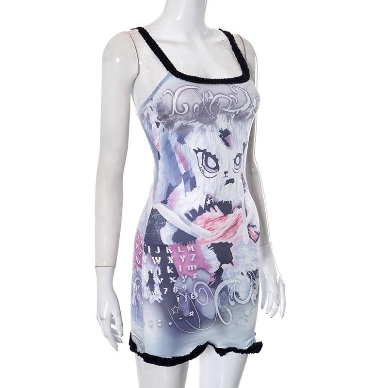 Cat Graphic Print Contrast Ruffle Trim Cami Mini Dress