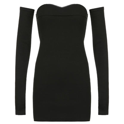 Sweetheart Lace Trim Strapless Rib Knit Gloves Mini Dress