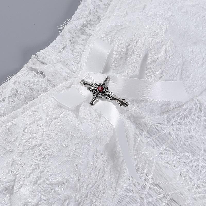 Hollow Out Off Shoulder Short Sleeve Crucifix Applique Bowknot Lace Hem Mini Dress