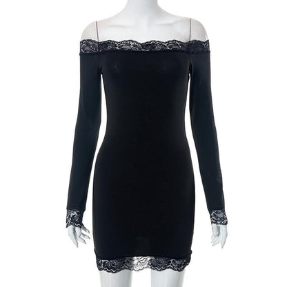 Off Shoulder Lace Trim Long Sleeve Bodycon Mini Dress