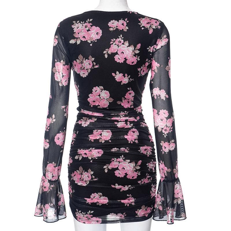 Cowl Neck Floral Mesh Long Sleeve Bell Cuff Ruched Bodycon Mini Dress