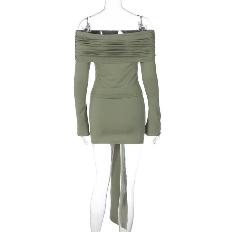 Off Shoulder Ribbon Trim Ruched Long Sleeve Mini Dress