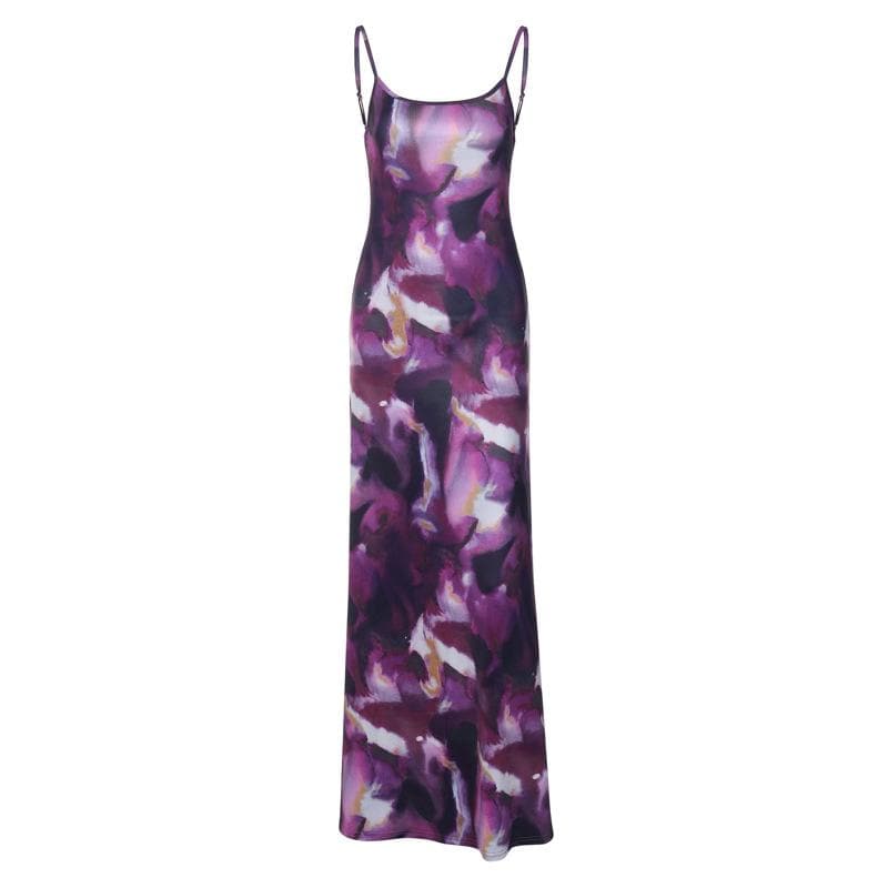 Square Neck Spaghetti Strap Abstract Marble Print Bodycon Maxi Dress