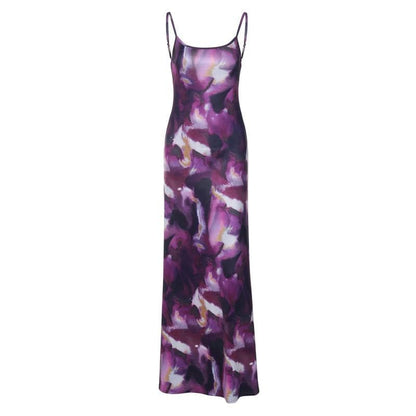 Square Neck Spaghetti Strap Abstract Marble Print Bodycon Maxi Dress