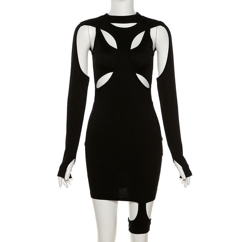 High Neck Shoulder Cutout Waist Cutout Thigh Strap Mini Dress
